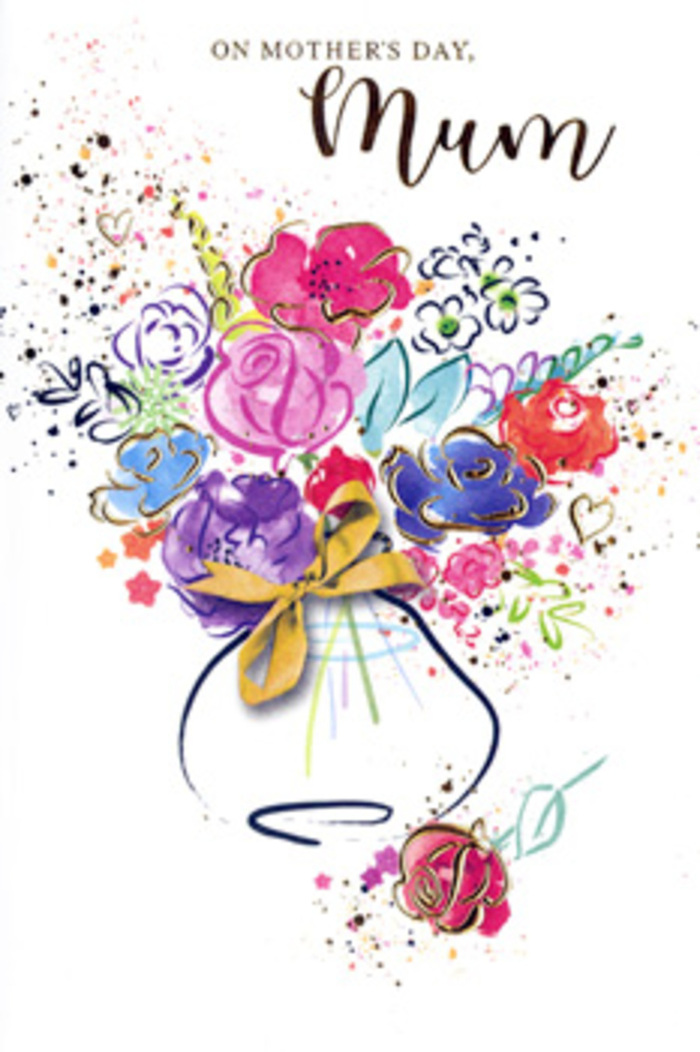 This Mother's Day card features an exuberant watercolour bouquet that looks as though it has been imagined by a skilled florist on a quiet afternoon in Chingford, watching the light change over nearby gardens. At the centre, bold cerise and deep pink blossoms command attention, their rounded forms outlined with inky indigo strokes that curl gracefully around each petal. These lines exaggerate the softness and fullness of the flowers, giving them a lush, almost velvety presence on the page. Among these central blooms are smaller accents of lavender, periwinkle blue, and gentle mauve, which add a sense of coolness and serenity, like the peaceful paths leading into Epping Forest. Soft strokes of apricot and peach are layered throughout, their warm tones blending with dabs of lively chartreuse green that suggest leaves, stems, and the natural tangle of a hand-tied bouquet. Delicate highlights of metallic gold trace certain petals and leaf edges, catching the eye the way low evening sun might glint off windows along Station Road or Old Church Road. The entire bouquet emerges from a gracefully shaped vase, its outline rendered in transparent washes that allow the flowers above to remain the true focal point. At the base, a carefully painted golden bow rests, echoing the final flourish a florist adds before sending a Mother's Day arrangement out for local delivery. Around the primary composition, artful splatters of colour and scattered heart motifs appear against a clean, white backdrop, suggesting floating petals, affectionate notes, and a sense of celebratory joy. The finished image feels both spontaneous and considered, a paper bouquet that radiates love, gratitude, and the gentle comfort of being cherished.