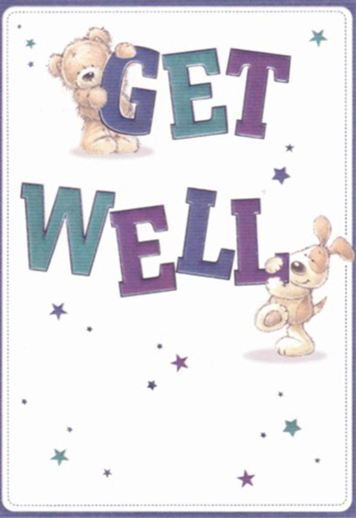 Capturing the tender essence of encouragement, this get well card is reminiscent of the thoughtful gestures exchanged all around Chingford, from North Chingford cafés to community gatherings at Ridgeway Park. The lively artwork features an amiable bear and a spirited puppy, both poised amidst a gentle shower of starbursts-playful symbols of renewed hope and healing wishes. The typography stands out with confidence, its shades of purple and aqua grounding the cheerful design much as the trusted presence of Chingford Florist grounds the local floral scene. There's an irresistible tactility to the soft fluff of the bear's fur and the velvety droop of the puppy's ears, conjuring a sense of soothing touch and gentle support. Imagine sending this card alongside a hand-designed bouquet; the dual gesture becomes a ray of bright reassurance for someone recovering in a sunlit parlour overlooking the green of Epping Forest. The light, buoyant mood is an uplifting expression of care, fit for all ages and every gentle-hearted corner of Chingford.