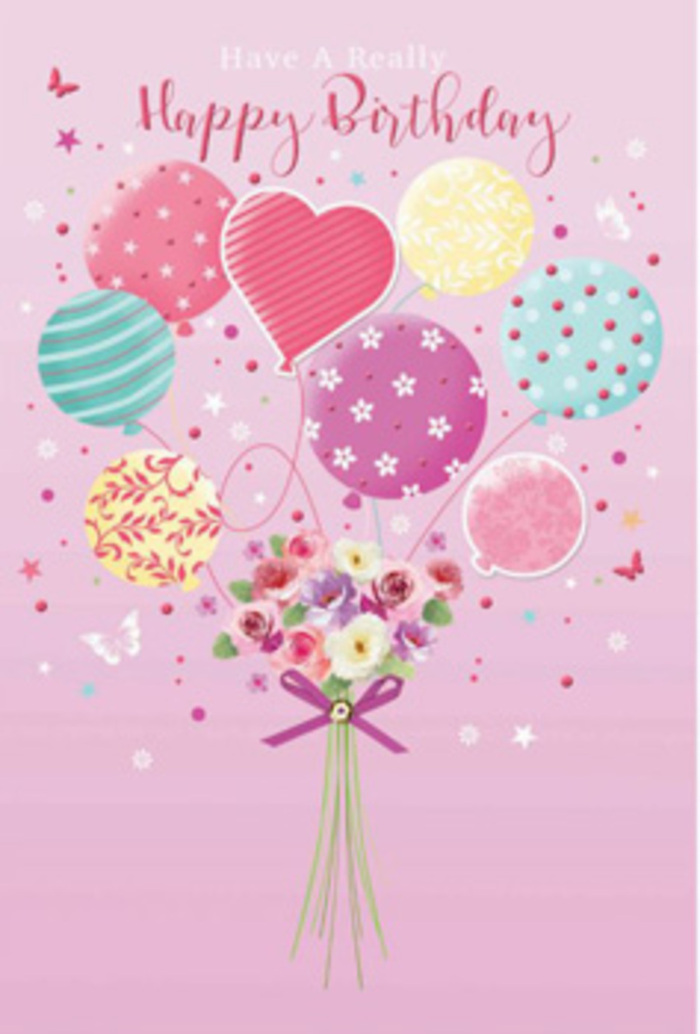 Charming birthday illustration that pairs floating balloons with a delicate bouquet, conjuring the feeling of a surprise delivery arriving at a Chingford doorstep. The background is a soft blush pink, evenly washed, creating a calm, romantic atmosphere akin to the quiet streets around Chingford Green early in the day. At the centre floats a cluster of balloons in pastel shades-gentle pinks, seafoam greens, pale yellows, and lilacs-each balloon rendered with a smooth, almost glossy texture that reflects a soft, diffuse light. Some carry candy-like stripes that curl gracefully; others are speckled with polka dots or adorned with subtle floral designs, all contributing to a sense of playful variety. A single heart-shaped balloon sits among them, suggesting warmth and affection. Slender curling ribbons descend from the balloons and come together above a compact, hand-tied bouquet. This bouquet features miniature roses and soft, daisy-style blooms in creamy ivory, powder pink, and muted mauve, petals layered and shaded to evoke the look of fresh flowers selected from a Chingford Florist display. The blooms are closely gathered, forming a rounded, almost cushiony shape, with faint touches of green foliage peeking through. A rich purple satin bow secures the stems, its sheen catching the light in tiny highlights that echo the brightness of the balloons. Scattered around the scene are small stars and delicate butterflies, giving the impression of movement, like birthday wishes carried on a breeze along Station Road. The illustration feels gentle, uplifting, and celebratory, perfect for expressing how special someone's birthday is through colour, flowers, and a touch of whimsy.