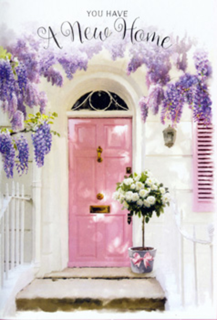 This photograph captures the essence of a Chingford housewarming, frozen in a single, poetic doorway scene. A pastel pink front door, painted in a soft, romantic shade, is the heart of the image, set against whitewashed walls that brighten the entrance and reflect soft daylight, reminiscent of a calm afternoon near Chingford Plain. The door itself is simple yet elegant, its panels slightly raised and its finish smooth, suggesting the care of someone who wanted their home to greet guests with genuine warmth. Flanking the door and stretching overhead, voluptuous strands of wisteria hang in tumbling curtains of lavender and pale purple. The clustered blossoms create a natural arch that frames the doorway like a floral halo, casting dappled shadows and hinting at a light, powdery fragrance drifting through the air. The wisteria gives the entrance the atmosphere of a cottage garden, even if the home stands along a residential road near Station Road or Highams Park. On the doorstep, a metal bucket in muted grey has been repurposed as a rustic yet refined container for a carefully arranged bouquet. It is filled to the brim with plush white and creamy roses, their petals unfurling in generous spirals that suggest softness and luxury. Among them, stems of fresh green foliage peek through, adding gentle contrast without disturbing the overall pastel mood. A satin pink ribbon is wrapped neatly around the bucket, tied into a soft bow whose trailing ends rest lightly against the step, echoing the colour of the front door and unifying the whole composition. The result is a visual whisper of congratulations: a floral welcome that could easily be waiting outside a newly bought Chingford home, expressing love, pride, and the tender nervousness of beginning life in a new place surrounded by trees, parks, and familiar local streets.