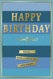 This birthday card offers a quietly joyful design, combining layers of blue with subtle golden highlights, perfect for a thoughtful celebration in Chingford. The background is built from wide horizontal bands, each a slightly different blue. Starting at the bottom, a deep navy hue anchors the card, gradually giving way to mid-tone blues, teal, and then a soft, uplifting sky blue toward the top. The smooth transition between shades creates a calming gradient, reminiscent of watching the sky change above Chingford Plain as the day slowly unfolds. Across the middle sits the main message, HAPPY BIRTHDAY, embossed in bold, metallic gold capital letters. The gold has a gentle shine that catches and reflects light, standing out clearly against the cooler blues without feeling overpowering. The letters are raised, inviting touch and adding a sense of substance. Directly below, a delicate golden flourish curves gracefully, adding a touch of traditional elegance to the contemporary striped background. Further down, three slim, gold-embossed banners march in a tidy vertical stack. Each banner expresses part of the cheerful wish so that the full line reads: Relax, have a great day and enjoy! Their horizontal placement mirrors the stripes behind, tying the design together. A narrow gold border surrounds the card, finishing it with a crisp, refined edge. The overall mood is relaxed and sincere, the kind of birthday greeting that feels just right for someone who values calm moments and thoughtful gestures, perhaps given together with a fresh bouquet delivered locally around Station Road or Chingford Mount.